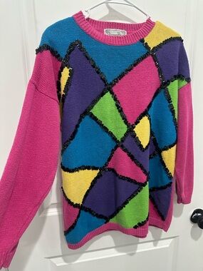 VTG 1980s Reference Point Colorblock Sequin Diamond Crewneck Sweater SZ L